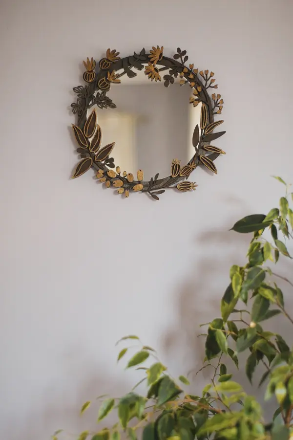 Small Wall Mirror SIZE S 11'' 27cm Boho Aesthetic Accent Mirror Compact Wood Floral Wall Art Decor Modern Style Unique Home Decor - Image 2