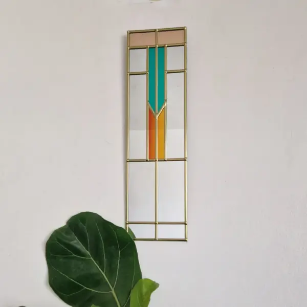 Art Deco Mirror handcrafted by Catfish Glass 11x40cm. Sunset orange, Vibrant Jade and peachy pink. Gold Lead.