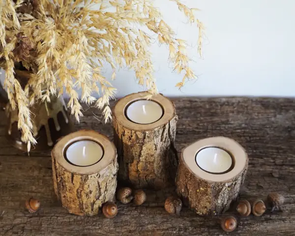 Rustic Tree Branch Candle Holders - Set of 3, Cozy Home Decor, Hygge Style, 5th Anniversary Gift, Handcrafted Wooden Tealight Holders - Image 2