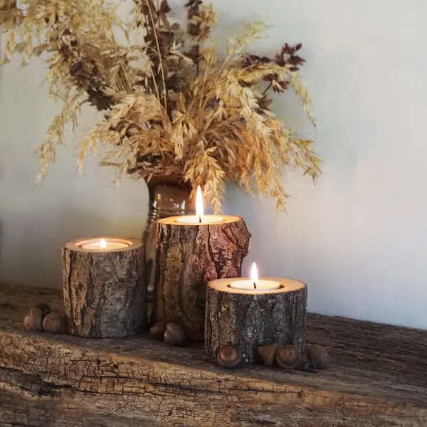 Rustic Tree Branch Candle Holders - Set of 3, Cozy Home Decor, Hygge Style, 5th Anniversary Gift, Handcrafted Wooden Tealight Holders