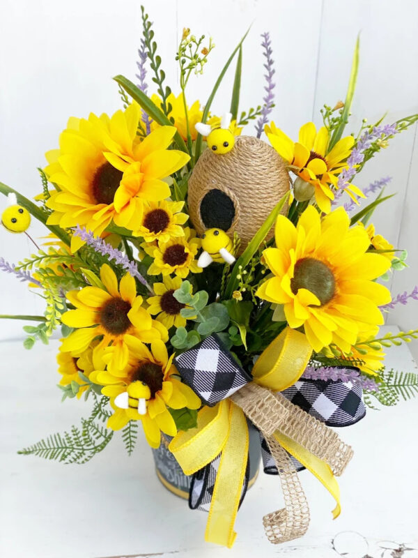 Sunflower Centerpiece Arrangement, Sunflower Porch Decor, Sunflower Floral Decor, Bumble Bee Centerpiece, Farmhouse Sunflower Home Decor - Image 2